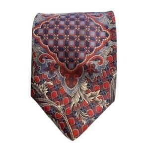 Bill Blass Necktie Burgundy‎ Blue Paisley Medallion Silk Blend Men's Tie